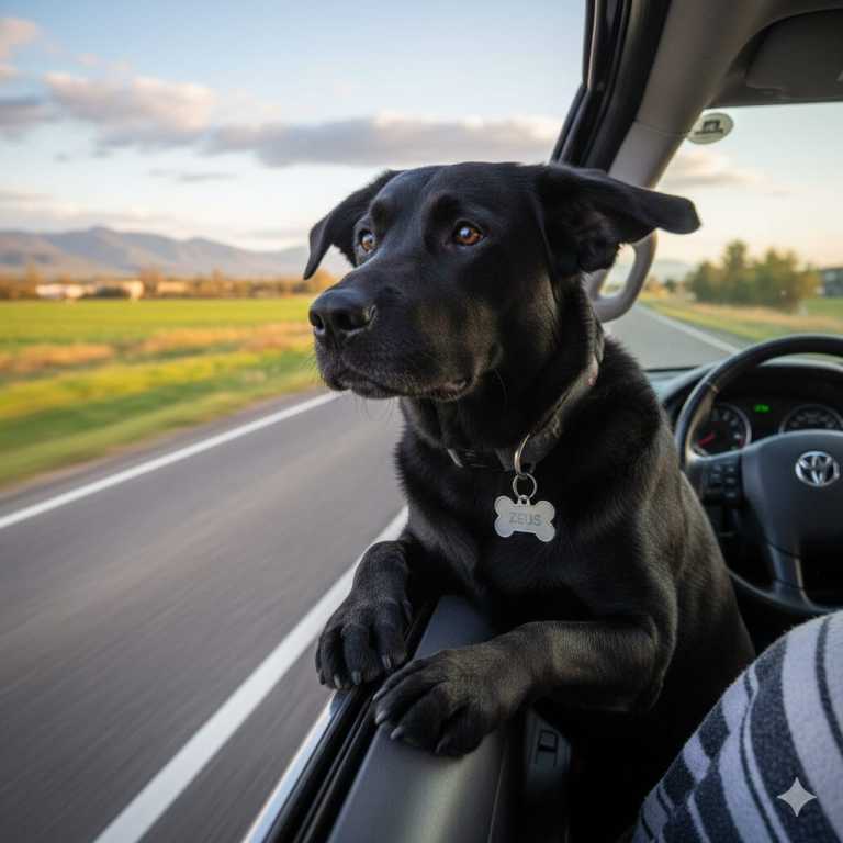 Dog named Zeus - black dog travelling and looking outside car