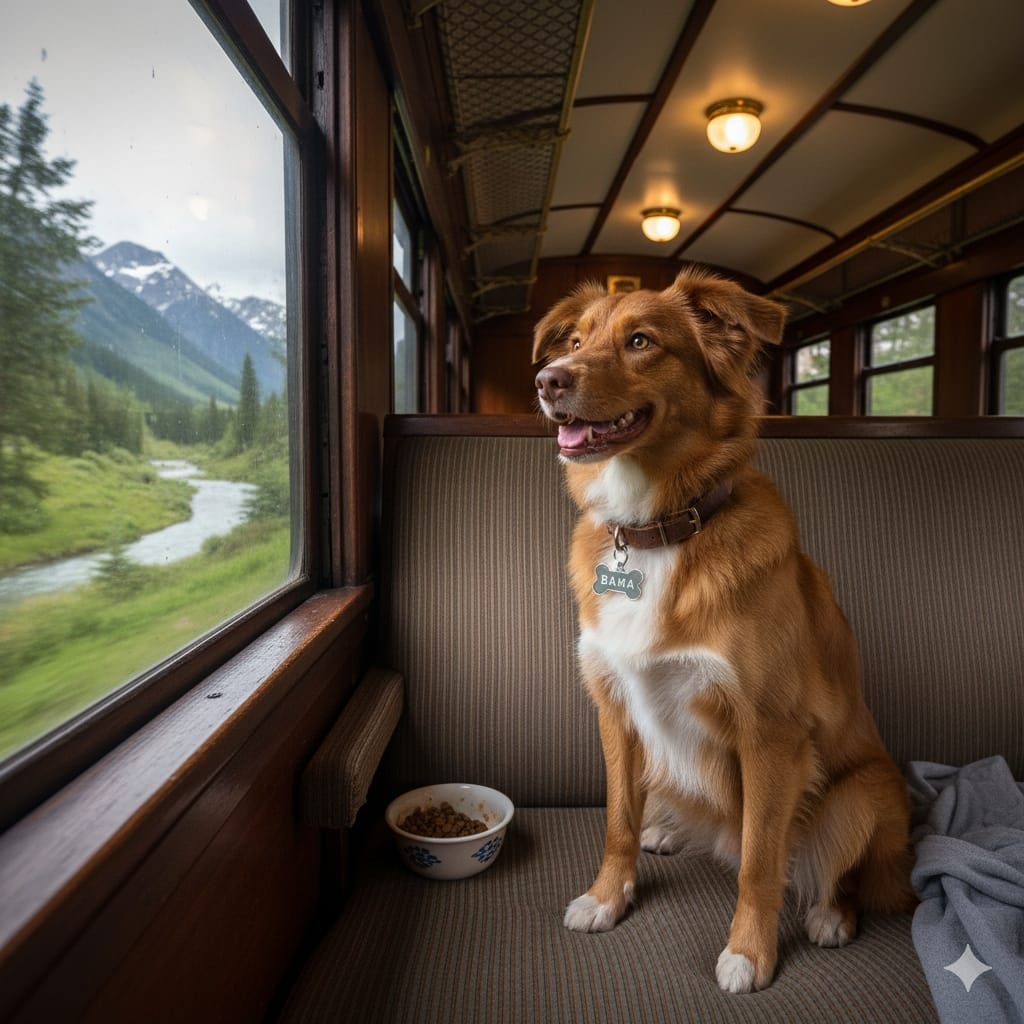 Dog named Bama in a train. Cute brown dog travelling in a train_newdognames.com